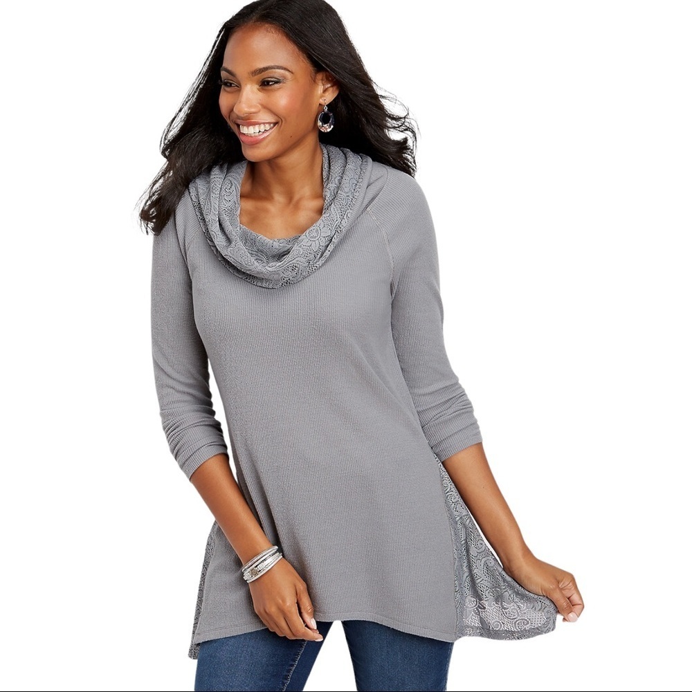 Maurices Lace Cowl Neck Tunic Top Gray Size Small Ribbed Soft Relaxed Fit Cozy